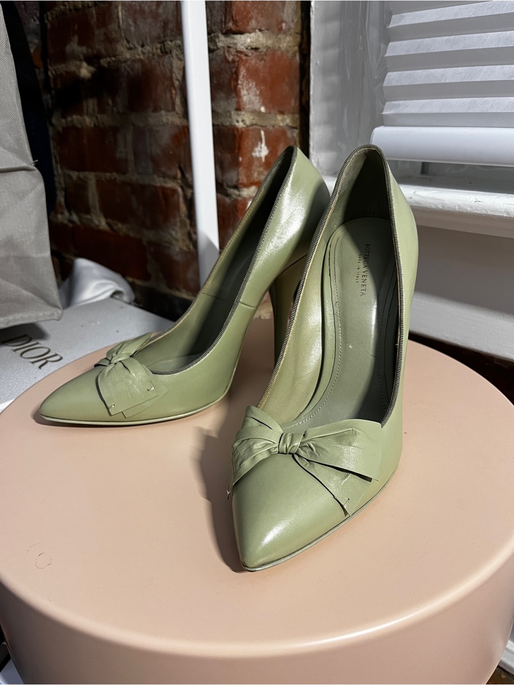 Bottega Veneta Pistachio Green Bow Leather Heels